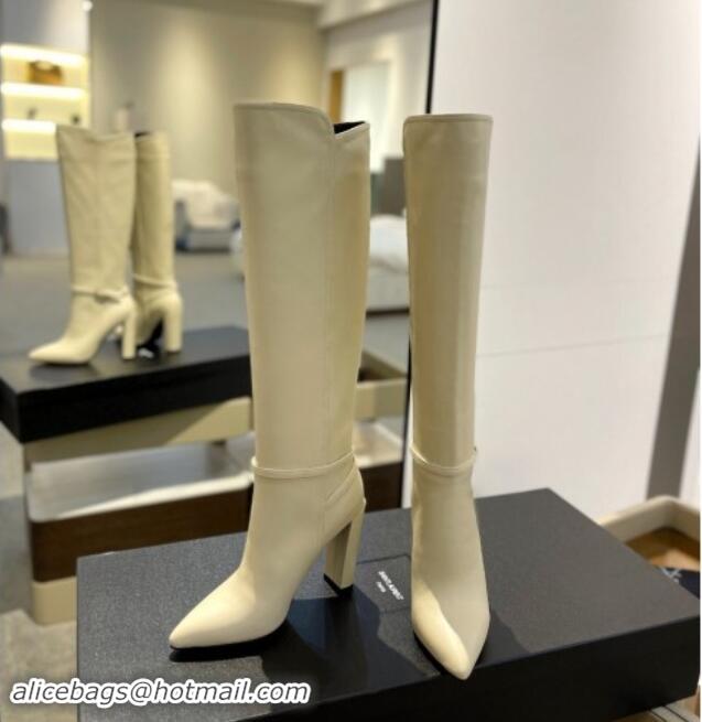 Good Looking Saint Laurent Calfskin Leather High Boots 9.5cm with Buckle Strap White 1010017