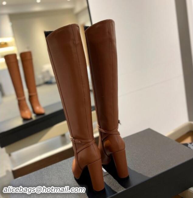 Unique Style Saint Laurent Calf Leather High Boots 9.5cm with Buckle Strap Brown 1010018