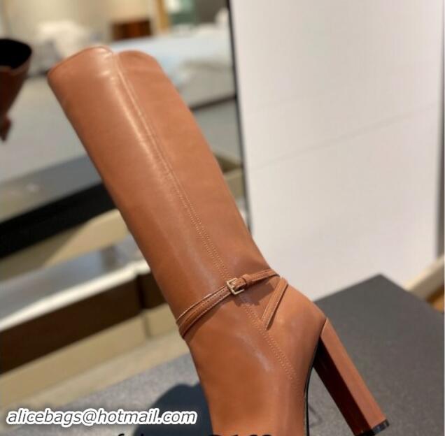 Unique Style Saint Laurent Calf Leather High Boots 9.5cm with Buckle Strap Brown 1010018