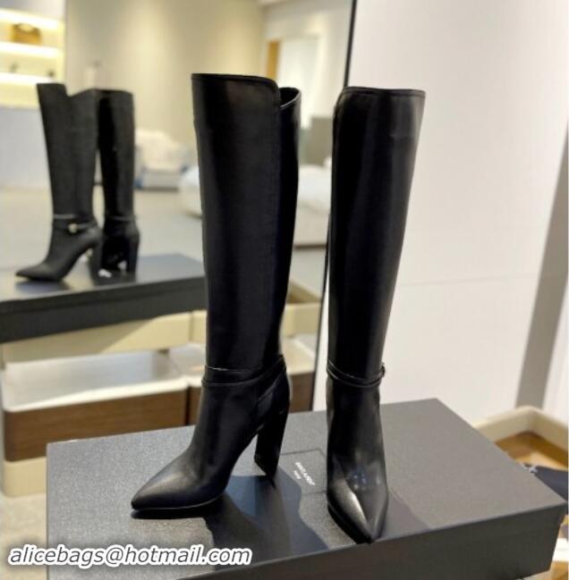 Luxurious Saint Laurent Calf Leather High Boots 9.5cm with Buckle Strap Black 010019