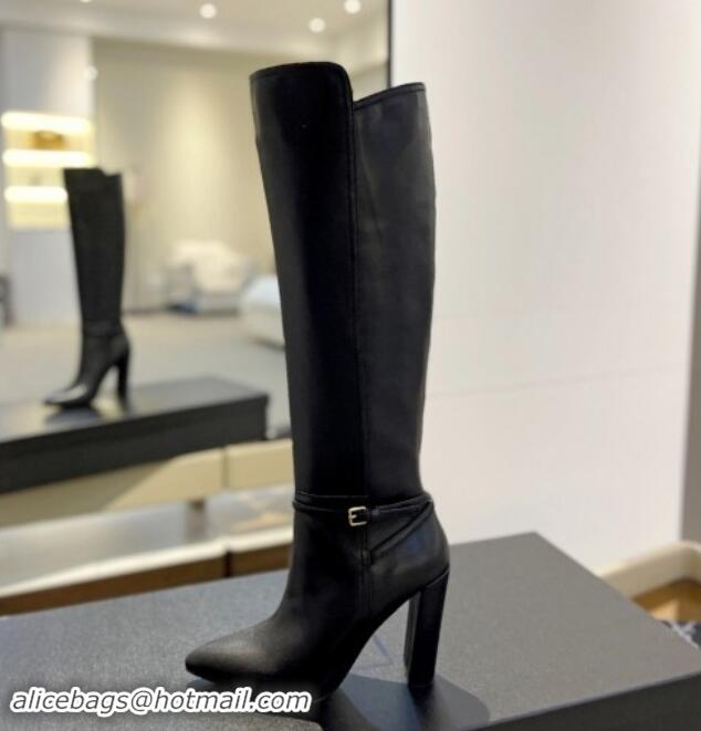 Luxurious Saint Laurent Calf Leather High Boots 9.5cm with Buckle Strap Black 010019