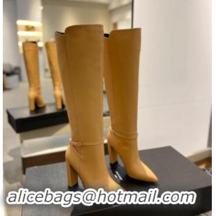 Most Popular Saint Laurent Calf Leather High Boots 9.5cm with Buckle Strap Apricot 010020