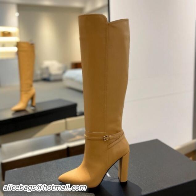 Most Popular Saint Laurent Calf Leather High Boots 9.5cm with Buckle Strap Apricot 010020