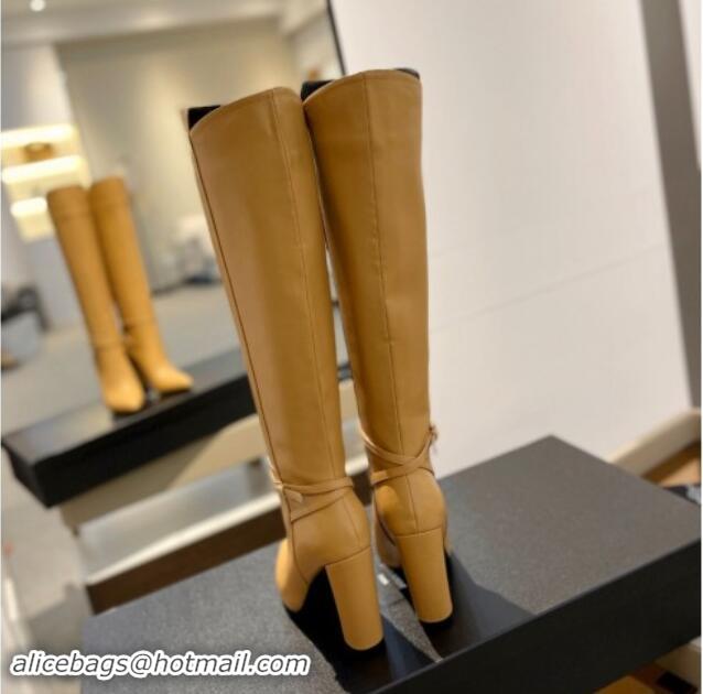 Most Popular Saint Laurent Calf Leather High Boots 9.5cm with Buckle Strap Apricot 010020