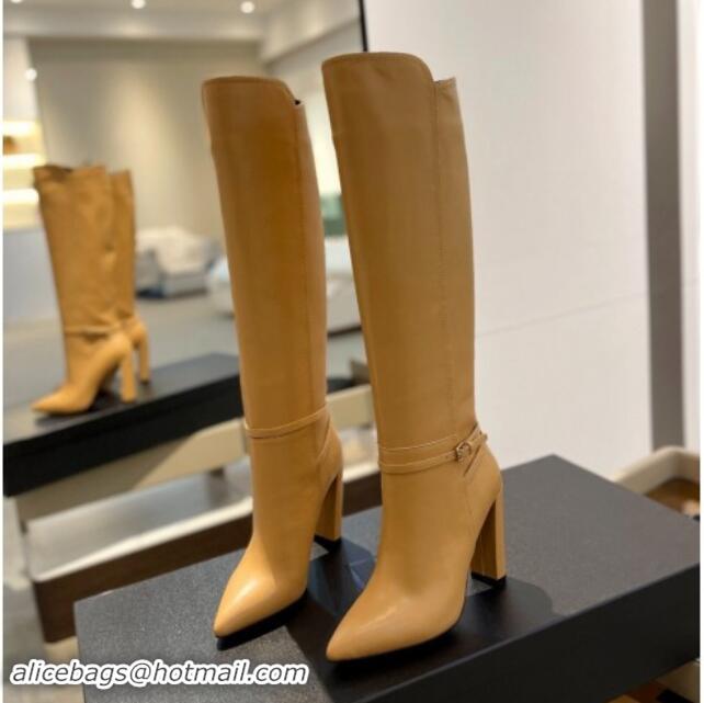 Most Popular Saint Laurent Calf Leather High Boots 9.5cm with Buckle Strap Apricot 010020