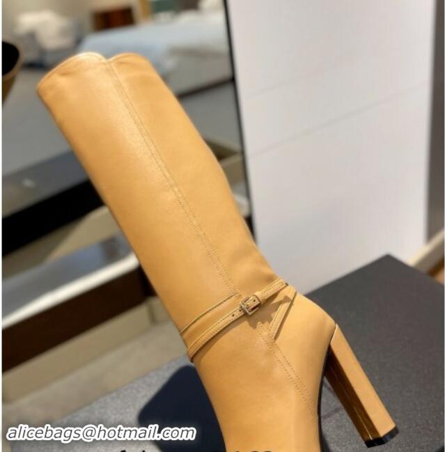 Most Popular Saint Laurent Calf Leather High Boots 9.5cm with Buckle Strap Apricot 010020