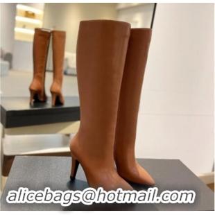 Buy Luxury Saint Laurent Calfskin Leather High Boots 9.5cm with Zip Brown 010021