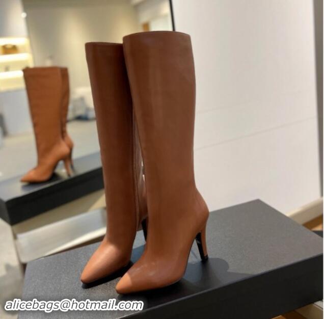 Buy Luxury Saint Laurent Calfskin Leather High Boots 9.5cm with Zip Brown 010021