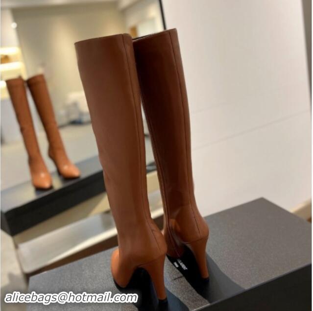 Buy Luxury Saint Laurent Calfskin Leather High Boots 9.5cm with Zip Brown 010021