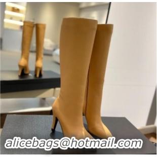 Popular Style Saint Laurent Calfskin Leather High Boots 9.5cm with Zip Apricot 1010022