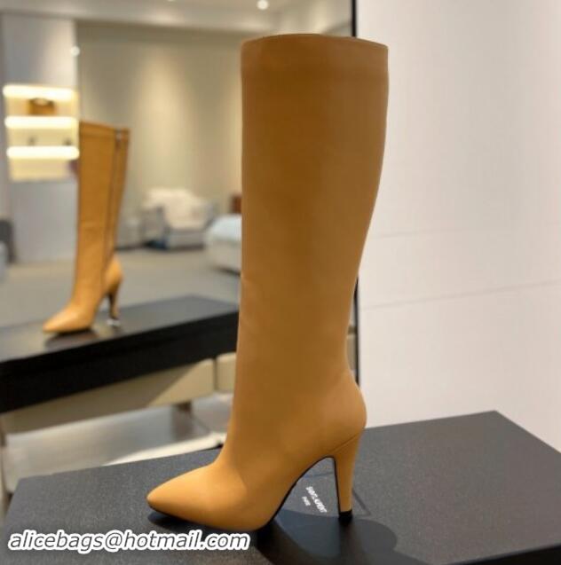 Popular Style Saint Laurent Calfskin Leather High Boots 9.5cm with Zip Apricot 1010022