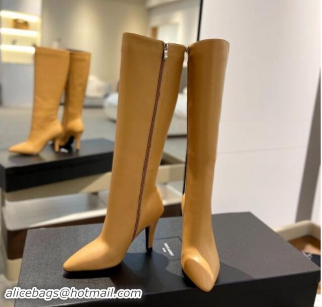 Popular Style Saint Laurent Calfskin Leather High Boots 9.5cm with Zip Apricot 1010022