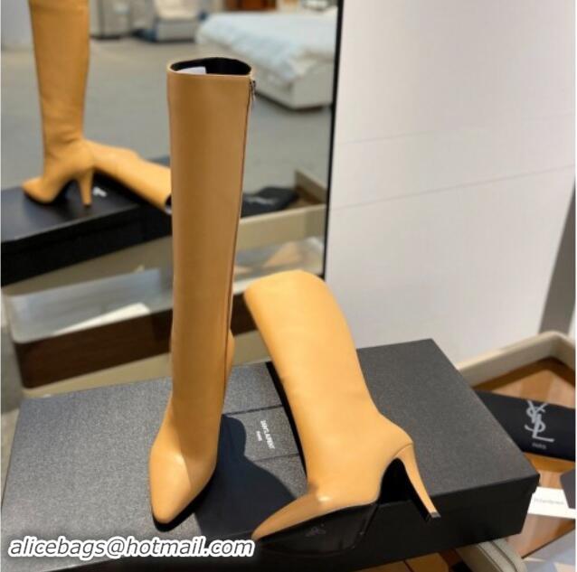 Popular Style Saint Laurent Calfskin Leather High Boots 9.5cm with Zip Apricot 1010022