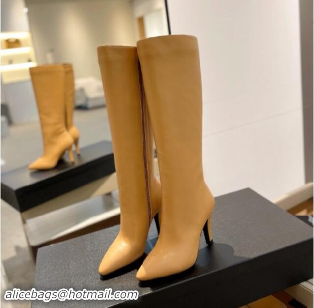 Popular Style Saint Laurent Calfskin Leather High Boots 9.5cm with Zip Apricot 1010022