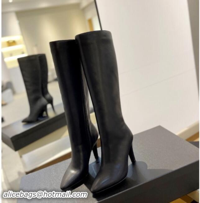 Grade Quality Saint Laurent Calfskin Leather High Boots 9.5cm with Zip Black 010024