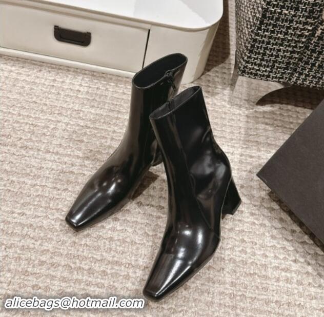 Top Grade Saint Laurent Ankle Boots 6cm in Black Glazed Leather with Square Toe 010056