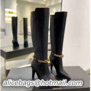 Pretty Style Saint Laurent Calfskin Leather High Boots 9.5cm with Chain Black 010025