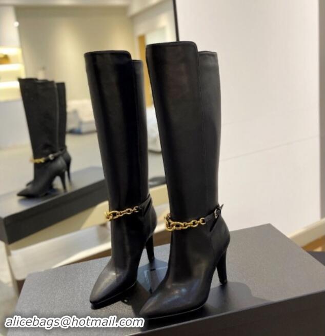 Pretty Style Saint Laurent Calfskin Leather High Boots 9.5cm with Chain Black 010025