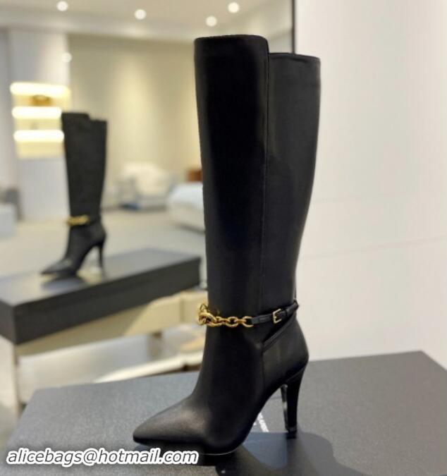 Pretty Style Saint Laurent Calfskin Leather High Boots 9.5cm with Chain Black 010025