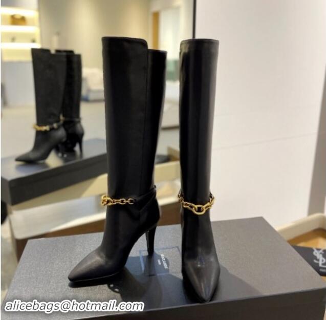 Pretty Style Saint Laurent Calfskin Leather High Boots 9.5cm with Chain Black 010025