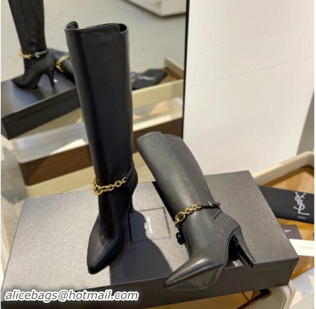 Pretty Style Saint Laurent Calfskin Leather High Boots 9.5cm with Chain Black 010025