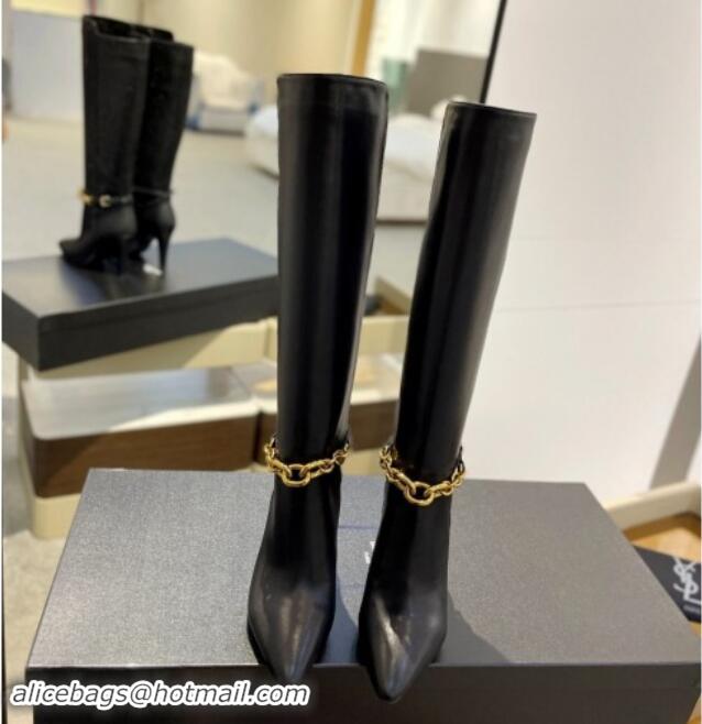 Pretty Style Saint Laurent Calfskin Leather High Boots 9.5cm with Chain Black 010025