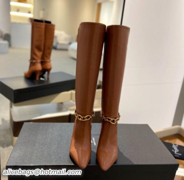 Charming Saint Laurent Calfskin Leather High Boots 9.5cm with Chain Brown 010026