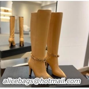 Luxurious Saint Laurent Calfskin Leather High Boots 9.5cm with Chain Apricot 010027