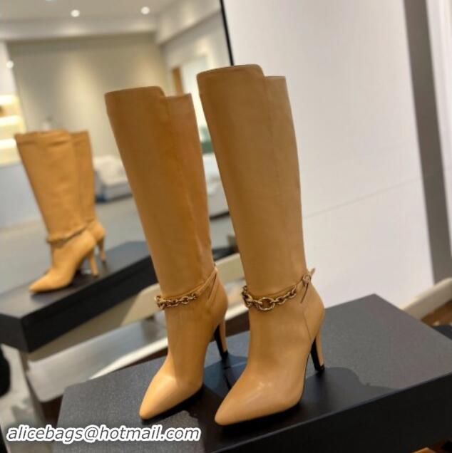 Luxurious Saint Laurent Calfskin Leather High Boots 9.5cm with Chain Apricot 010027