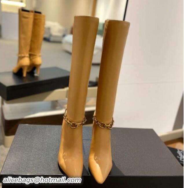 Luxurious Saint Laurent Calfskin Leather High Boots 9.5cm with Chain Apricot 010027