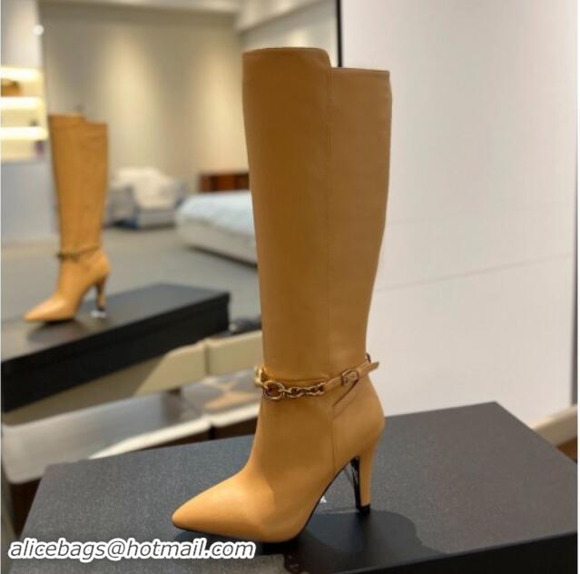 Luxurious Saint Laurent Calfskin Leather High Boots 9.5cm with Chain Apricot 010027