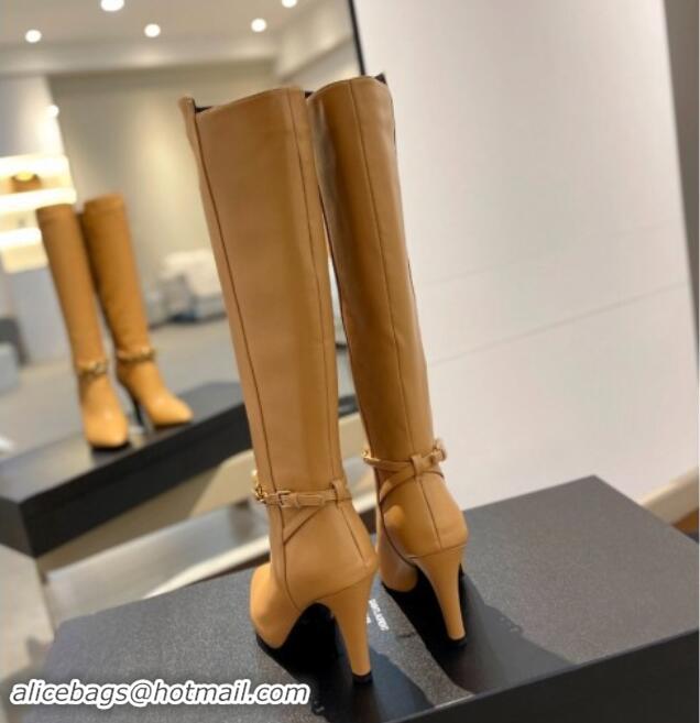 Luxurious Saint Laurent Calfskin Leather High Boots 9.5cm with Chain Apricot 010027