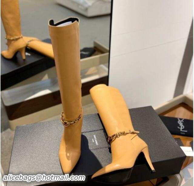 Luxurious Saint Laurent Calfskin Leather High Boots 9.5cm with Chain Apricot 010027