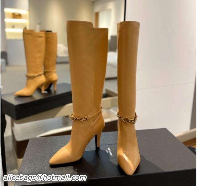 Luxurious Saint Laurent Calfskin Leather High Boots 9.5cm with Chain Apricot 010027