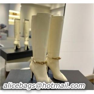 Good Quality Saint Laurent Calfskin Leather High Boots 9.5cm with Chain White 010028