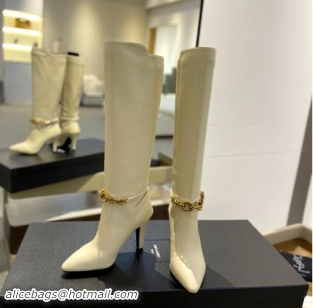 Good Quality Saint Laurent Calfskin Leather High Boots 9.5cm with Chain White 010028