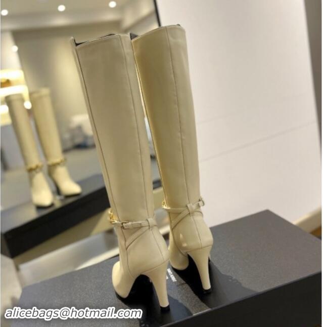 Good Quality Saint Laurent Calfskin Leather High Boots 9.5cm with Chain White 010028