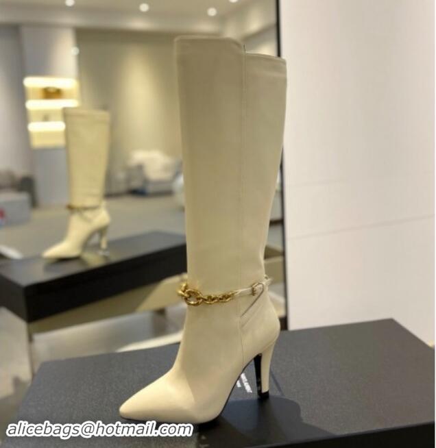 Good Quality Saint Laurent Calfskin Leather High Boots 9.5cm with Chain White 010028