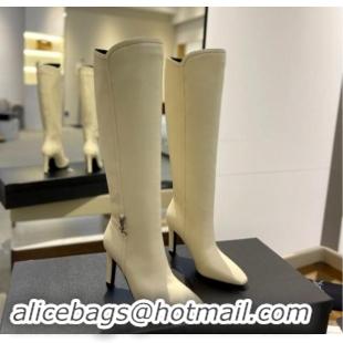 Unique Style Saint Laurent Calfskin Leather High Boots 9.5cm with Logo White 010030