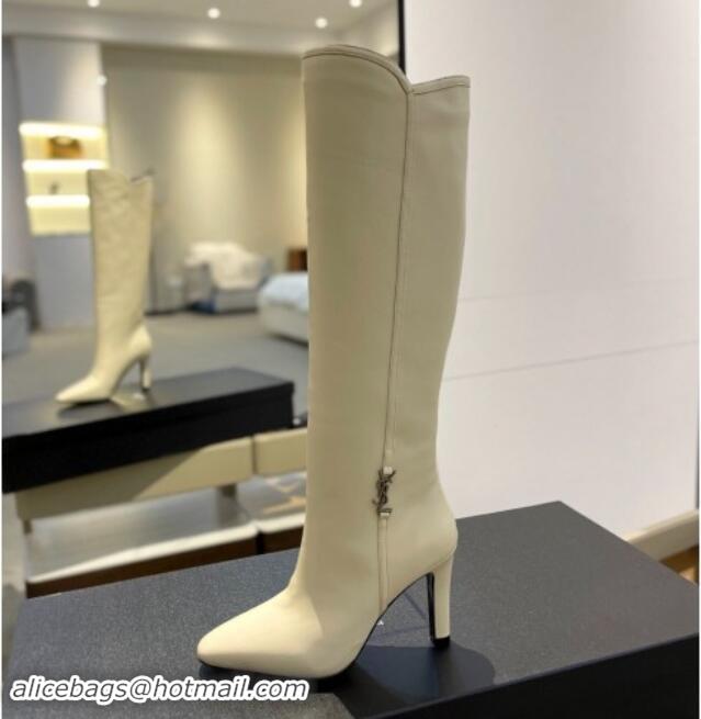 Unique Style Saint Laurent Calfskin Leather High Boots 9.5cm with Logo White 010030