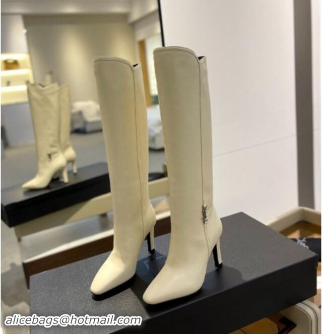 Unique Style Saint Laurent Calfskin Leather High Boots 9.5cm with Logo White 010030