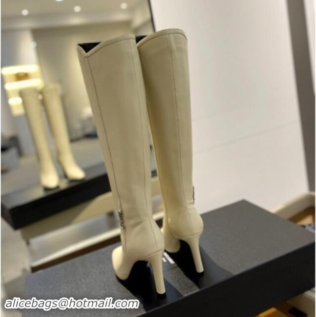 Unique Style Saint Laurent Calfskin Leather High Boots 9.5cm with Logo White 010030