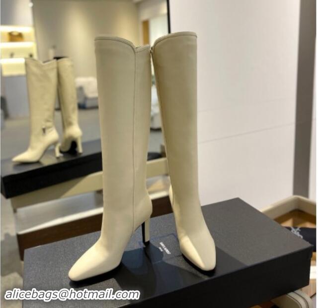 Unique Style Saint Laurent Calfskin Leather High Boots 9.5cm with Logo White 010030