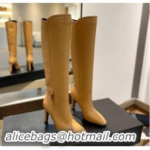 Popular Style Saint Laurent Calfskin Leather High Boots 9.5cm with Logo Apricot 010029