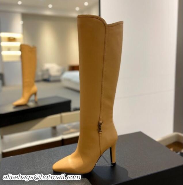 Popular Style Saint Laurent Calfskin Leather High Boots 9.5cm with Logo Apricot 010029