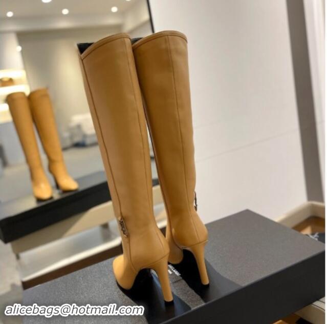 Popular Style Saint Laurent Calfskin Leather High Boots 9.5cm with Logo Apricot 010029