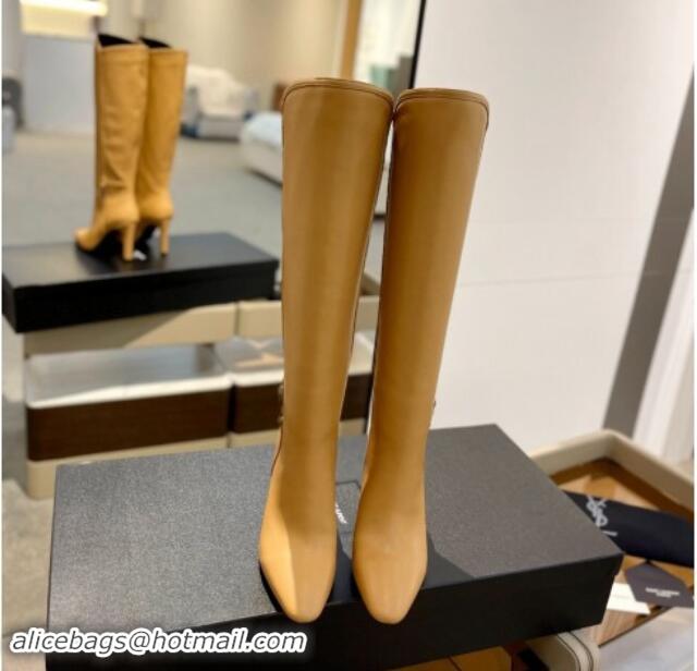 Popular Style Saint Laurent Calfskin Leather High Boots 9.5cm with Logo Apricot 010029