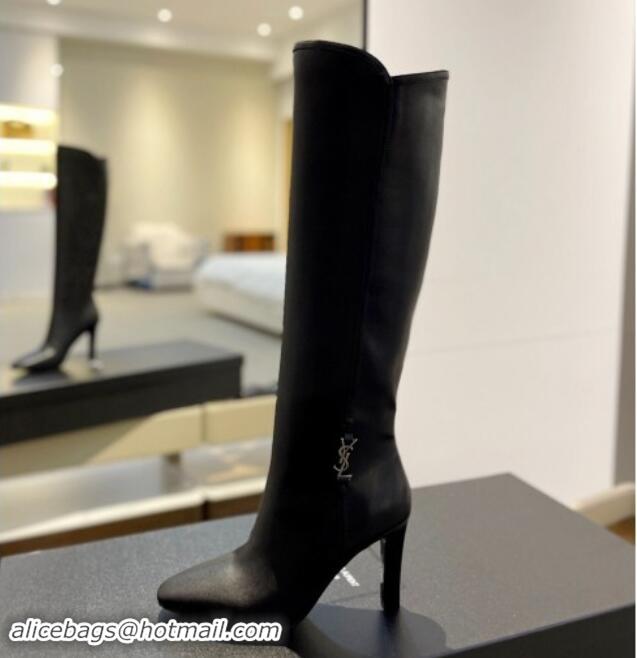 Good Looking Saint Laurent Calfskin Leather High Boots 9.5cm with Logo Black 1010031