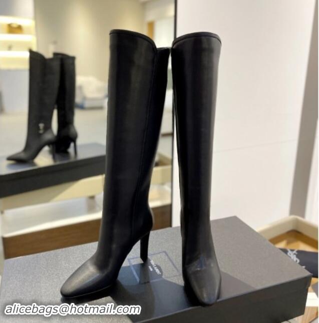 Good Looking Saint Laurent Calfskin Leather High Boots 9.5cm with Logo Black 1010031