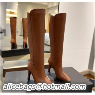 Best Price Saint Laurent Calfskin Leather High Boots 9.5cm with Logo Brown 010032